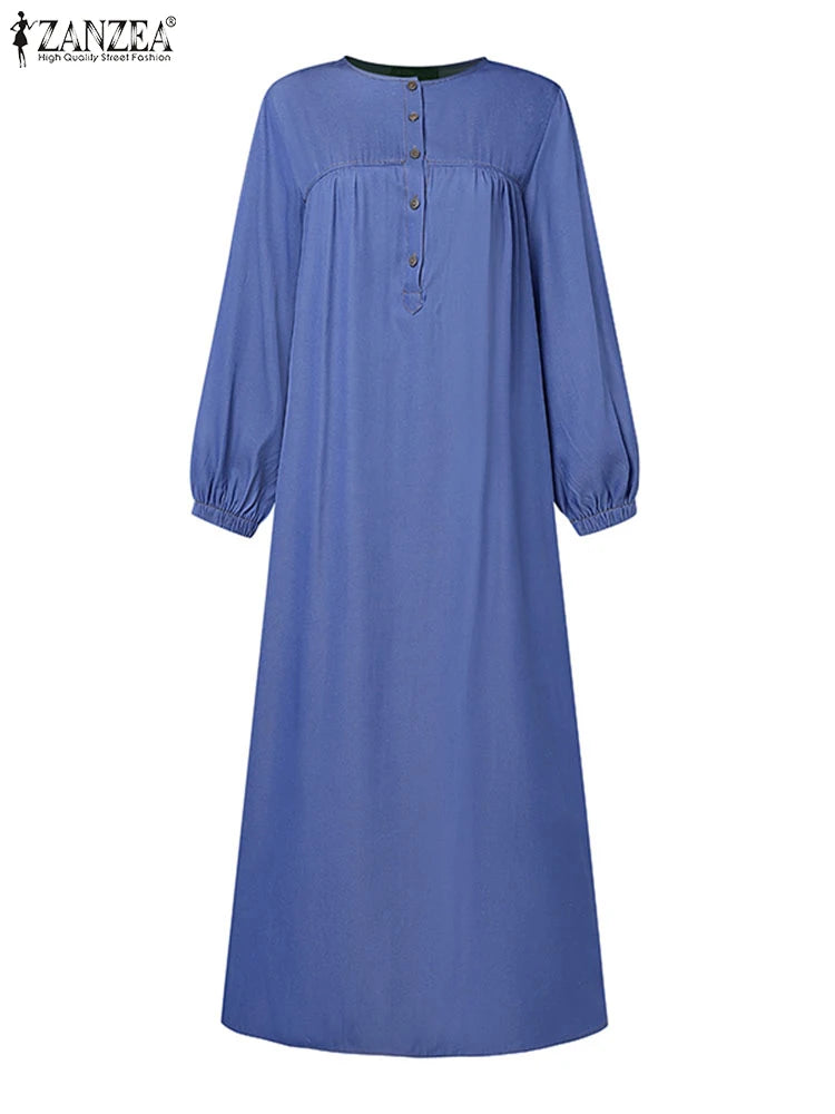 ZANZEA Denim Blue Muslim Hijab Abaya Robes Autumn 2024 Long Sleeve Loose Casual Islamic Maxi Dress Solid Women Kaftan Dresses