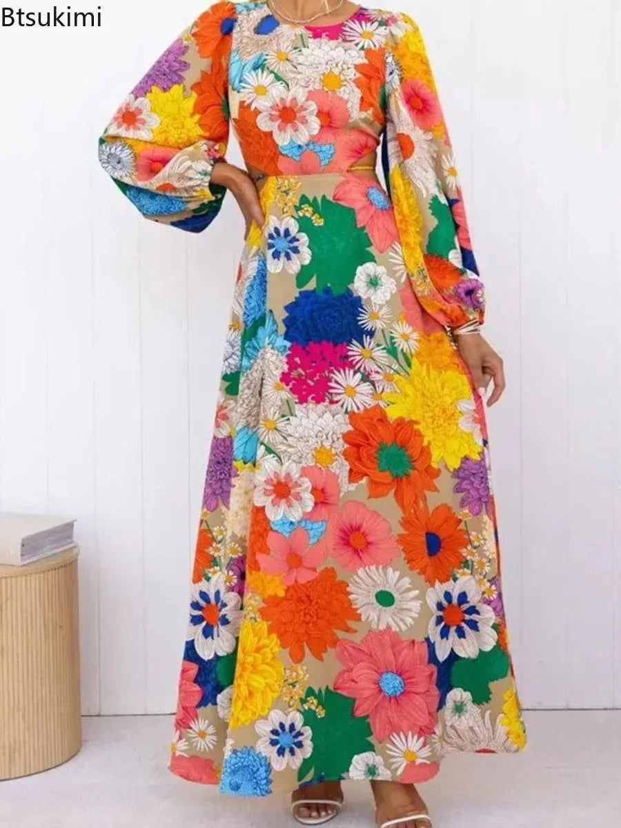 Boho Floral Lace-Up A-Line Maxi Dress