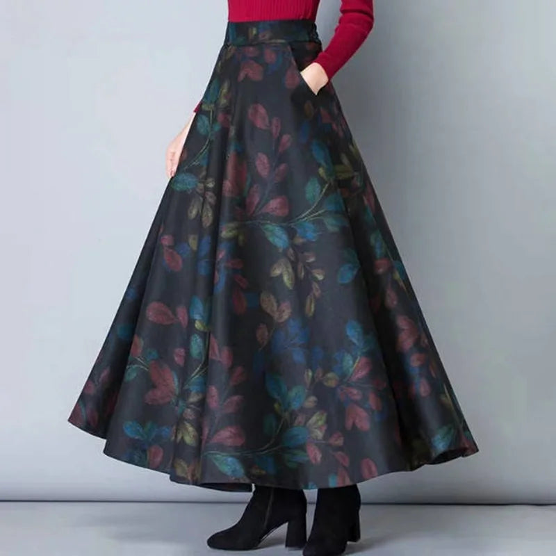 Ladies Skirt Women 1* Cocktail Autumn High Waist Fashion Evening Loose Vintage Party Pleated Maxi Plus Size Printed