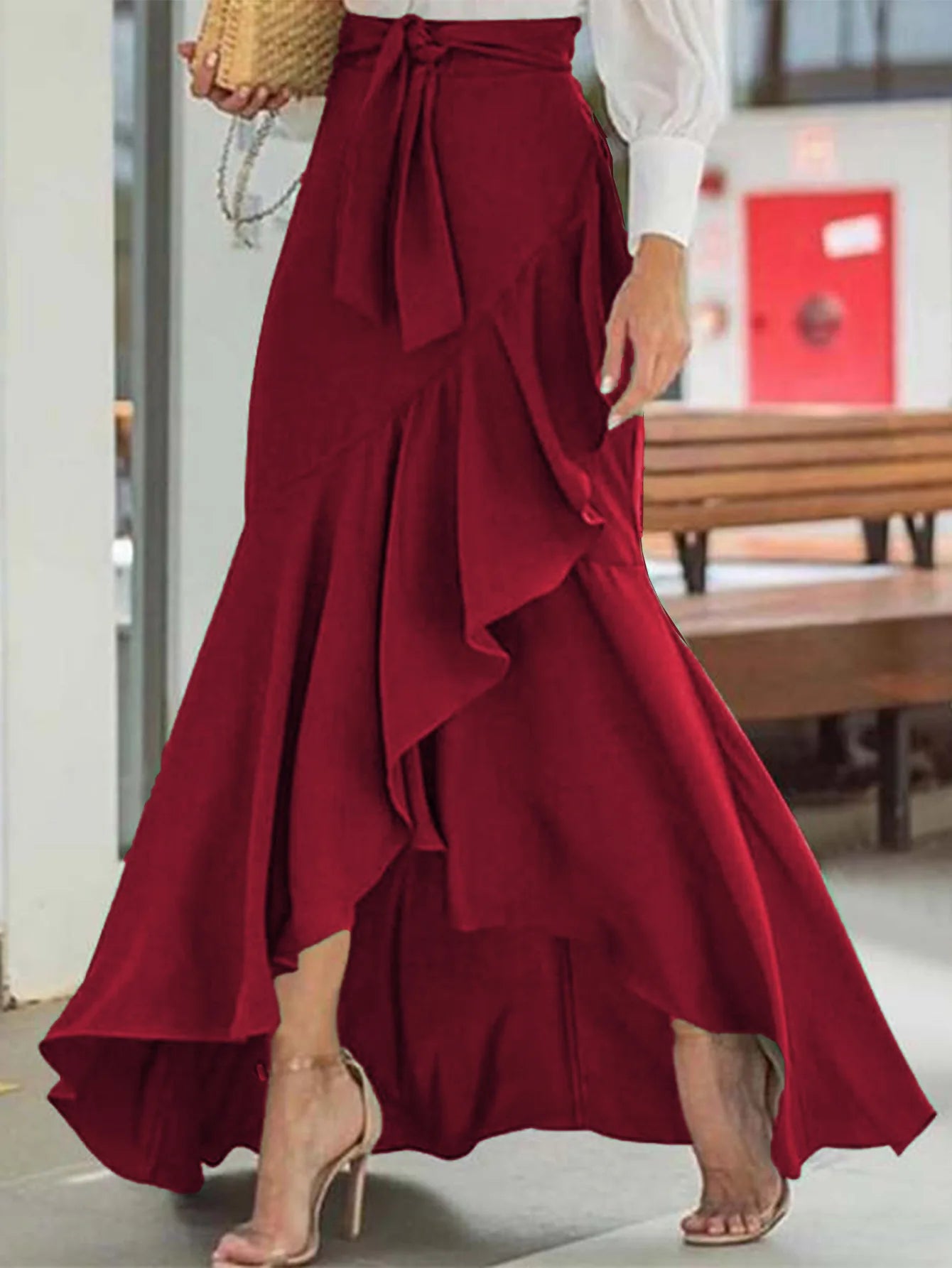 Women's Elegant Solid High Waist Mermaid Skirt Fashion Elastic Irregular Ruffle Long Skirt Casual Bow Tie Detail Maxi Skirt 2025
