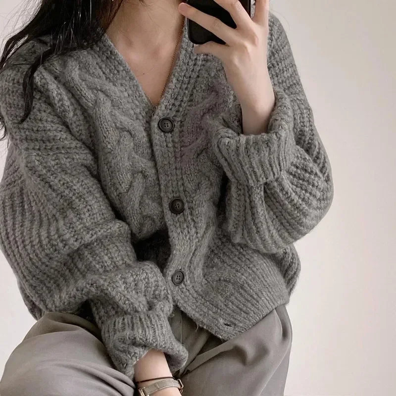 Fashion Knitted Cardigan Women V-nek Loose Sweater Casual Winter Warm Long Sleeve Coats Autumn Elegant Solid Color Knitted Tops