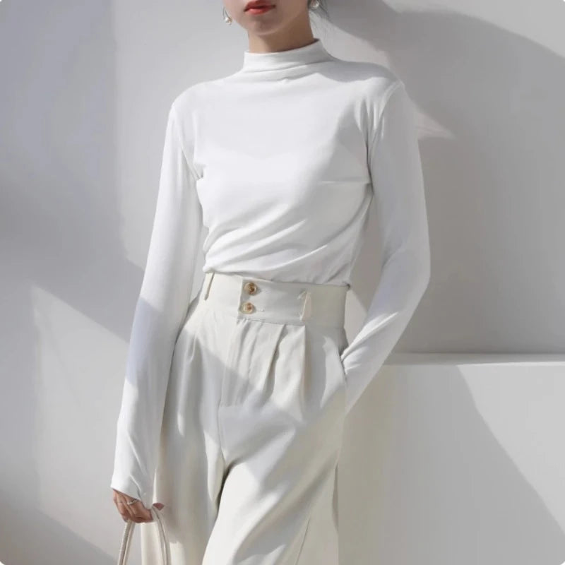 Autumn Winter Women T Shirt Long Sleeve Solid Color Pullover Basic Half Turtleneck Slim Fit Casual Top Korean Fashion Undershirt