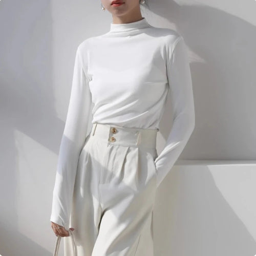 Autumn Winter Women T Shirt Long Sleeve Solid Color Pullover Basic Half Turtleneck Slim Fit Casual Top Korean Fashion Undershirt