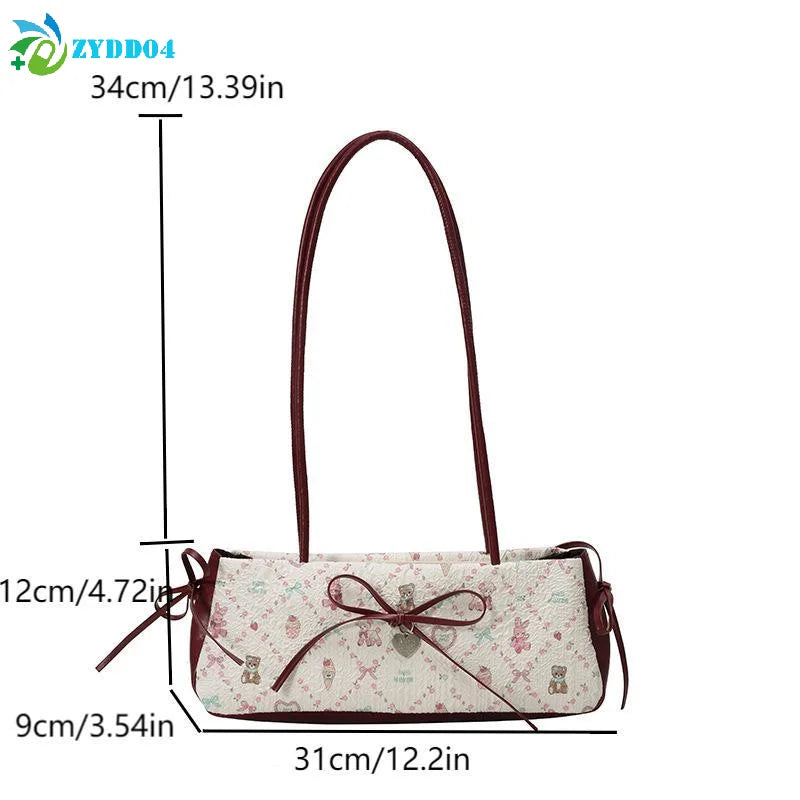 ●1Pcs Sweet Bow Shoulder Bag Cartoon Print Underarm Bag Female Tote Bag Large Capacity Commuter Handbag Holiday Gift