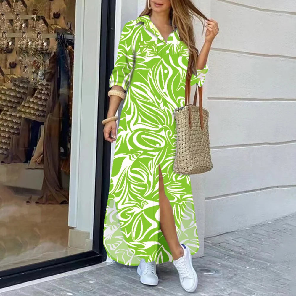 Long Dresses For Women 2024 Spring Summer Casual Loose Print Long Shirt Dress Button Long Sleeve Midi Elegant Vintage Vestidos