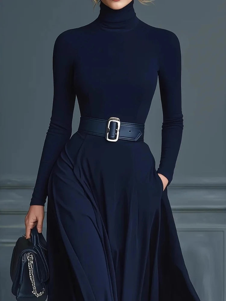 Women Elegant Solid Color Turtleneck Maxi Dress Solid With Pockets Long Skirt Dresses Long Sleeve Office Party Long Dresses