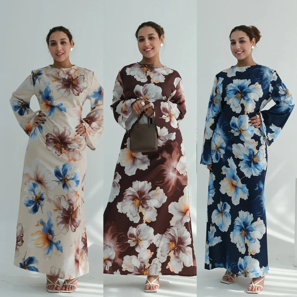 Muslim Dress for Women Flower Print  Party Abaya Dresses Arab Long Robe Morocco Dubai Kaftan Vestidos Jalabiya Ramadan Eid 2026