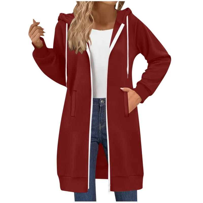 Women's Clothing Long Sweatshirt Casual Versatile Drawstring Long Sleeve Hooded Jacket with Pockets