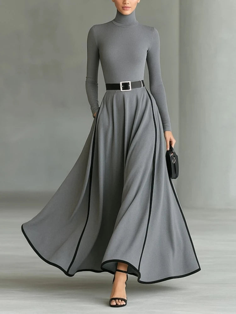 Women Elegant Turtleneck Maxi Dress Striped Print With Pockets Tight Belt Long Skirt Dresses Long Sleeve Office Party Dresses