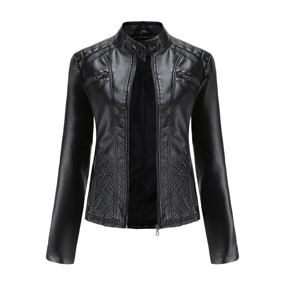 Women coat Autumn New Casual Leather Jacket Standing Collar Long Sleeve Jacket Slim Solid Color Coat Streetwear Zipper Jacket
