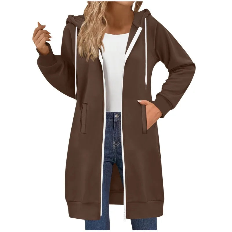 Women's Clothing Long Sweatshirt Casual Versatile Drawstring Long Sleeve Hooded Jacket with Pockets