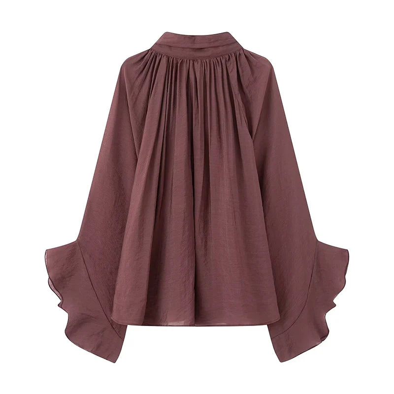 Perspective Women Shirt 2025 Autumn New Bow Tied Blouse Woman Tops Lady Ruffles Flare Sleeve Loose Elegant Blouses