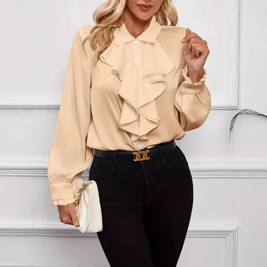 Autumn Fashion Ruffled Collar Solid Color Long Sleeve Shirt for Women Tops Satin-Like Button-Down Elegant Blouse