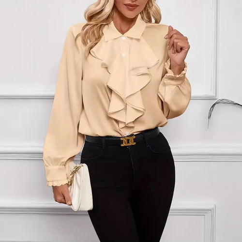 Autumn Fashion Ruffled Collar Solid Color Long Sleeve Shirt for Women Tops Satin-Like Button-Down Elegant Blouse