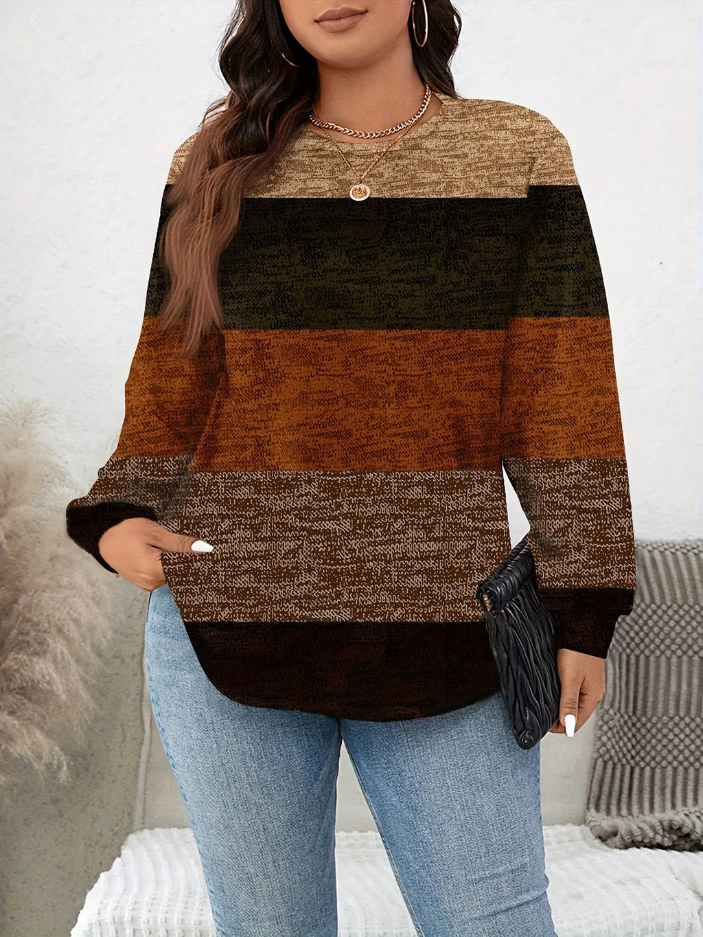 Women's Plus Size Striped Long Sleeve Knit Sweater for Stylish Comfort and Warmth