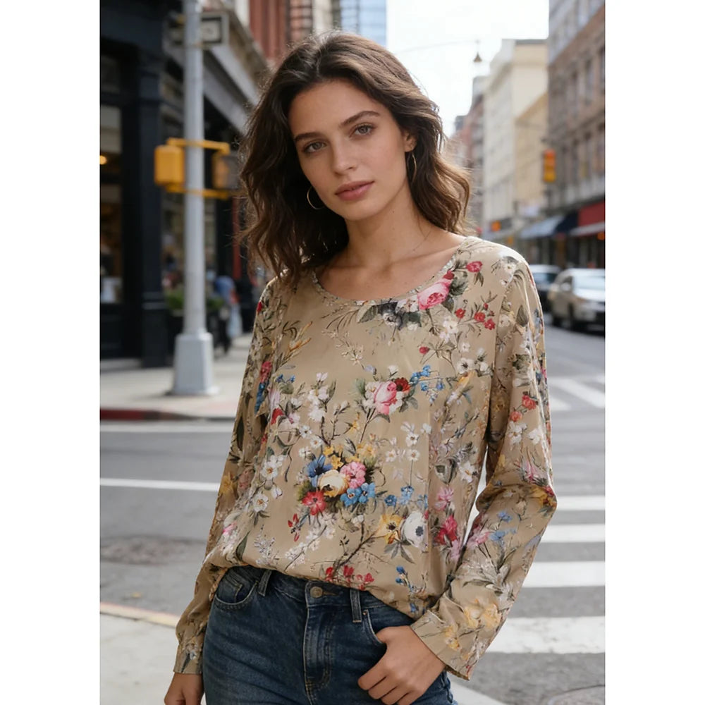 Bohemian Floral Print Long Sleeve Blouse – Casual Loose Fit Top for Women