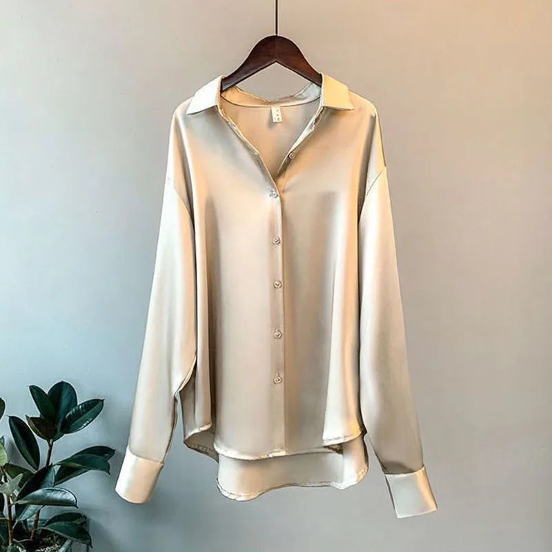 Women Autumn Shirt Vintage Satin Blouse Long Sleeve Button Down Silky Shirt Work Office Top Ladies Casual Shirt