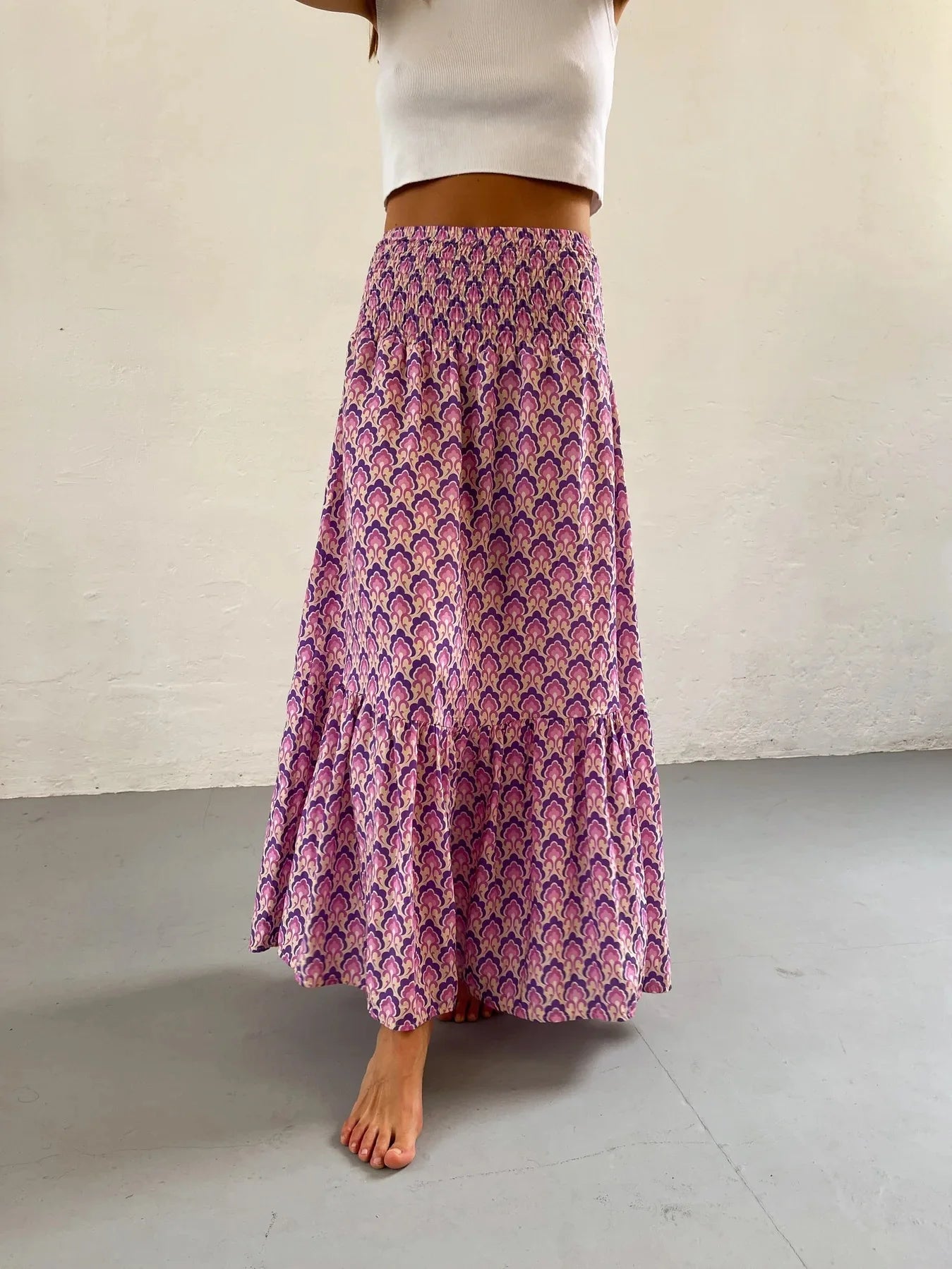 Elastic Waist Floral Print Boho Midi Skirt