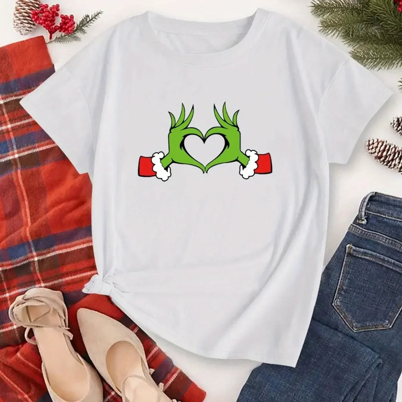 Christmas Casual T-shirt Women Plus Heart & Monster Print Short Sleeve Round Neck Top Fashion Christmas women