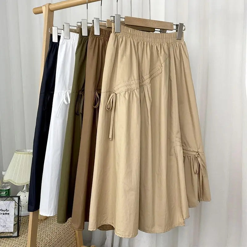 High Waist A-Line Skirt 2024 Summer New Sle Slimming Asymmetrical Belted Midi Skirt Women's f-length Skirts