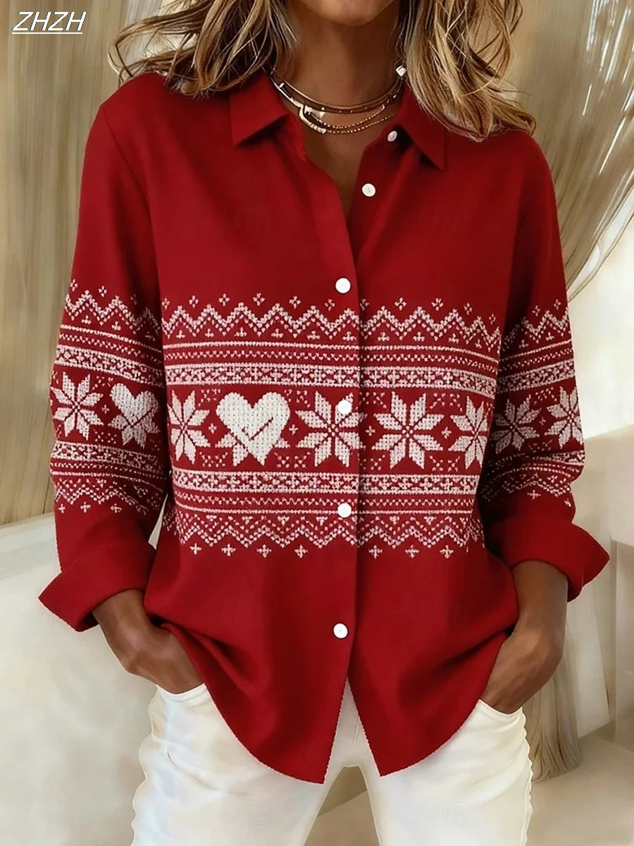 2025 Christmas Women's Shirt Blouse Graphic Plaid Polka Dot Vintage Stylish Long Sleeve Shirt Collar Regular Tops Fall Winter