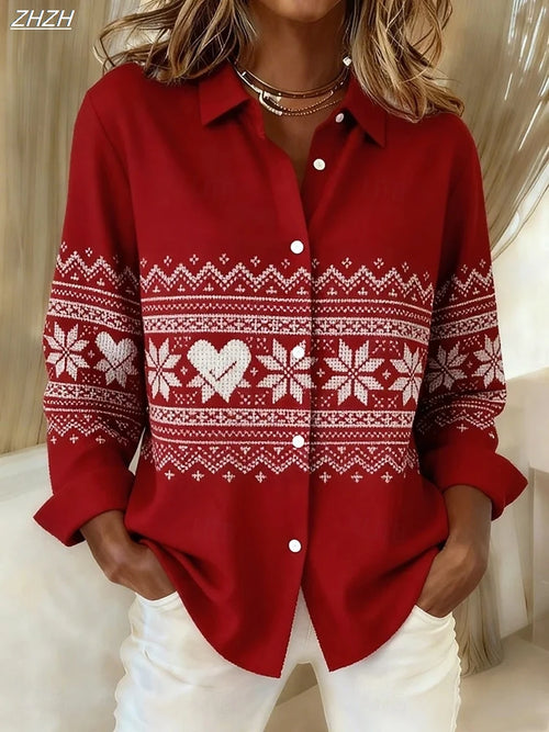2025 Christmas Women's Shirt Blouse Graphic Plaid Polka Dot Vintage Stylish Long Sleeve Shirt Collar Regular Tops Fall Winter