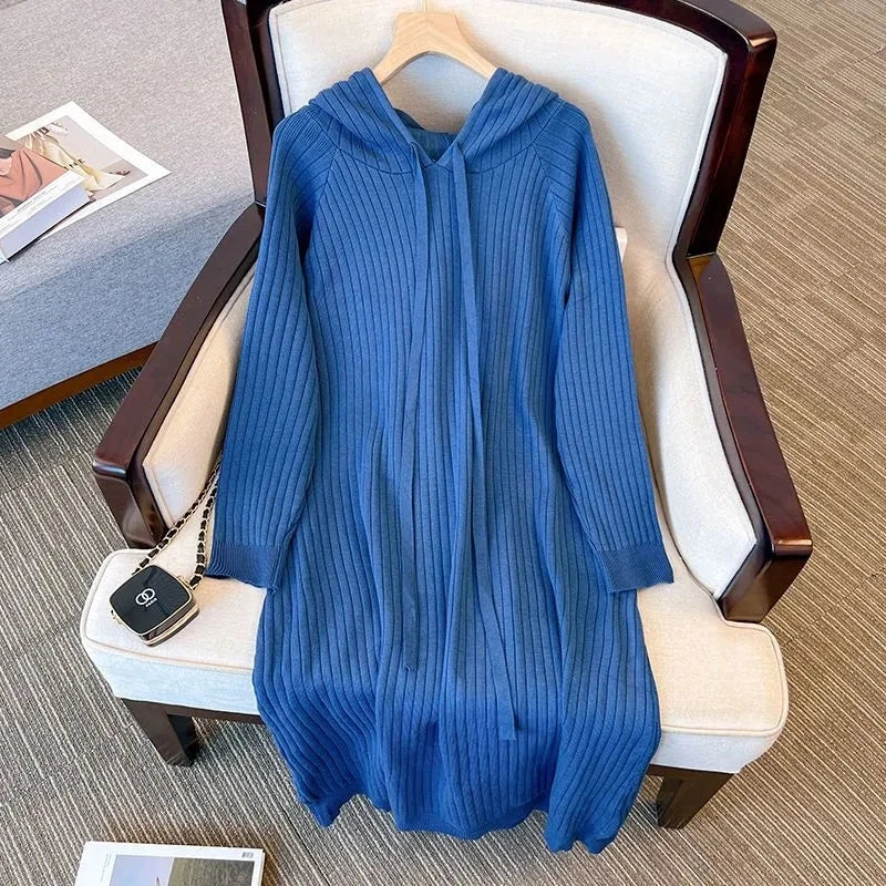 Plus Size 5XL 150KG Casual Women Knitted Maxi Dress Spring Elegant Ribbed Long Sleeve Dress Ladies Hooded Dress