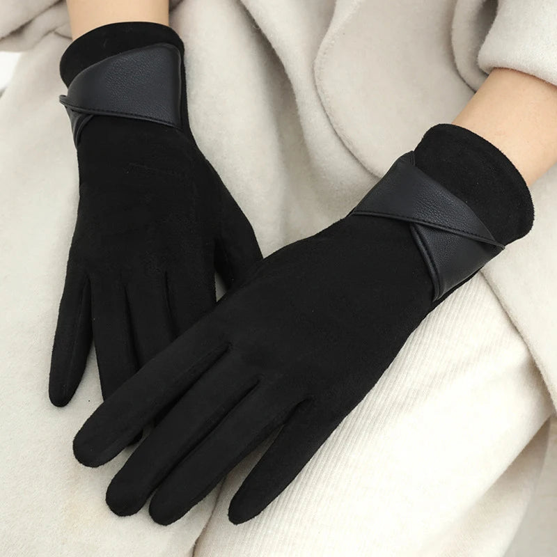 1Pair Suede Gloves For Women Winter Velvet Gloves Elegant Touch Screen Gloves Riding Driving Keep Warm Mountaineering Gloves