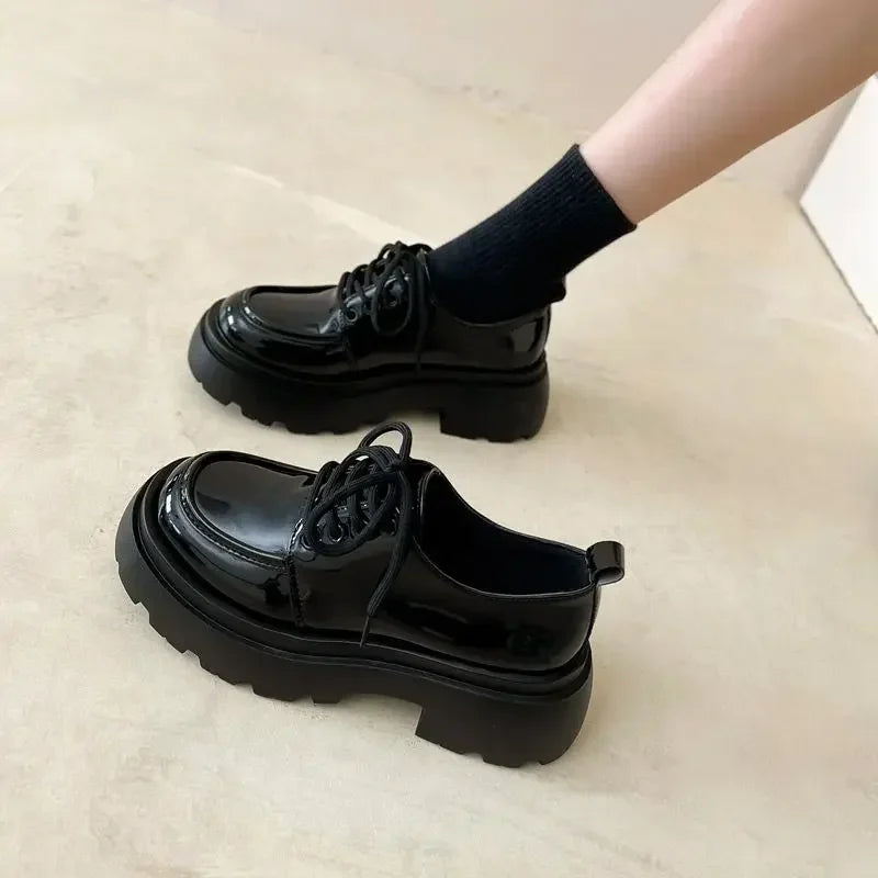 Women's Shoes Platform Flats Autumn Black Loafers Fashion Comfortable Leather Shoes Lace-up Outdoor Casual Oxfords Zapatos Mujer