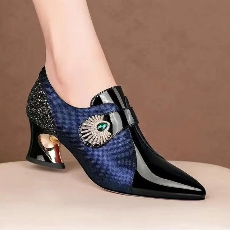 Deep Mouthed Color Blocked High Heels 2025 Spring Autumn New Style Thick Heel Fashionable Pointed Side Zipper Leather Shoes