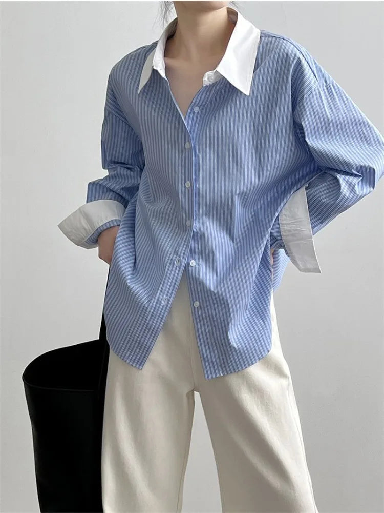 French Blue & White Striped Shirt for Women Spring New Loose Elegant Blouse Fashion Temperament Versatile Women's Shirt