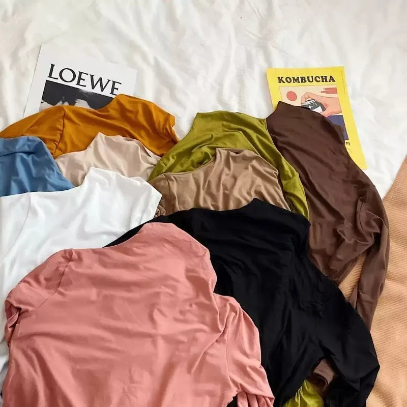 Autumn Winter Women T Shirt Long Sleeve Solid Color Pullover Basic Half Turtleneck Slim Fit Casual Top Korean Fashion Undershirt