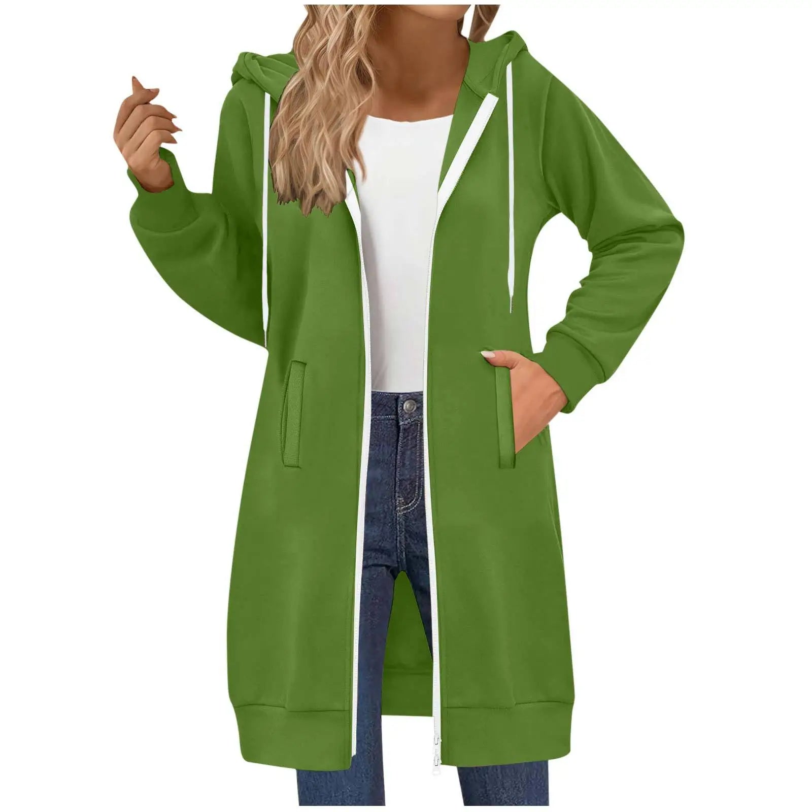 Women's Clothing Long Sweatshirt Casual Versatile Drawstring Long Sleeve Hooded Jacket with Pockets