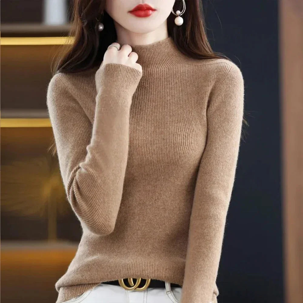 Temperament Pleated Pullover Sweater For Women Long-Sleeve Female S-2XL Siz Half High Collar Underlay Sleeve Sweater Slim Fit