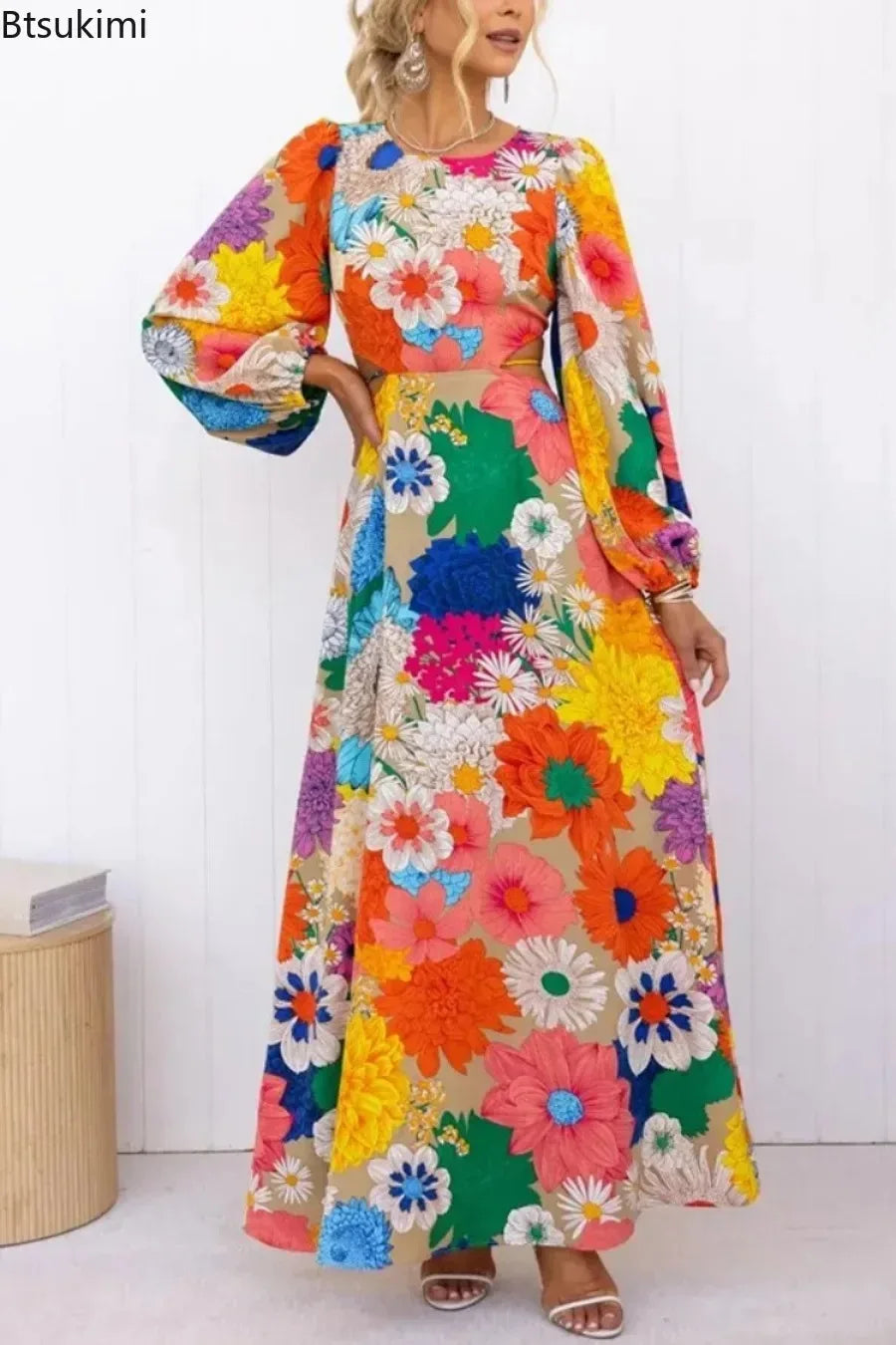 Boho Floral Lace-Up A-Line Maxi Dress