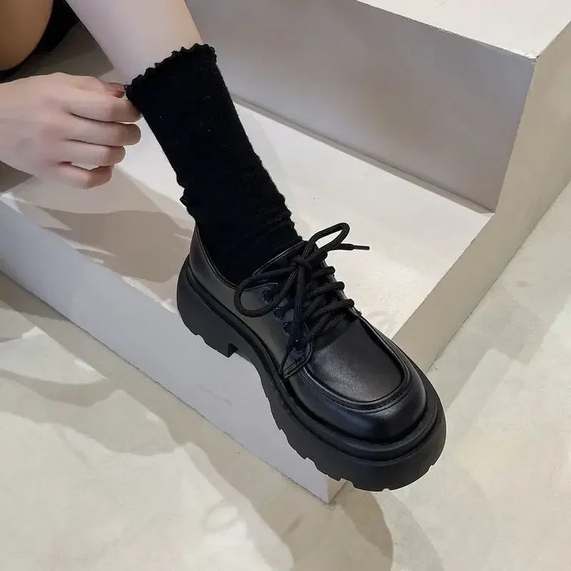 Women's Shoes Platform Flats Autumn Black Loafers Fashion Comfortable Leather Shoes Lace-up Outdoor Casual Oxfords Zapatos Mujer