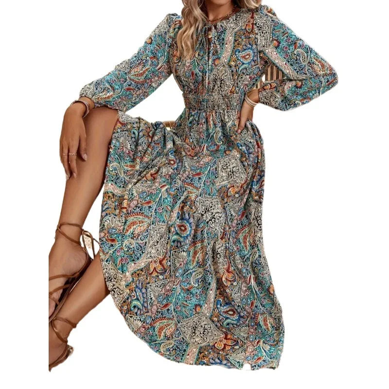 Fashion Ruffles Print Maxi Dress Women Autumn Long Sleeve Lace Up Long Dress Boho Elastic Waist A-line Vestidos