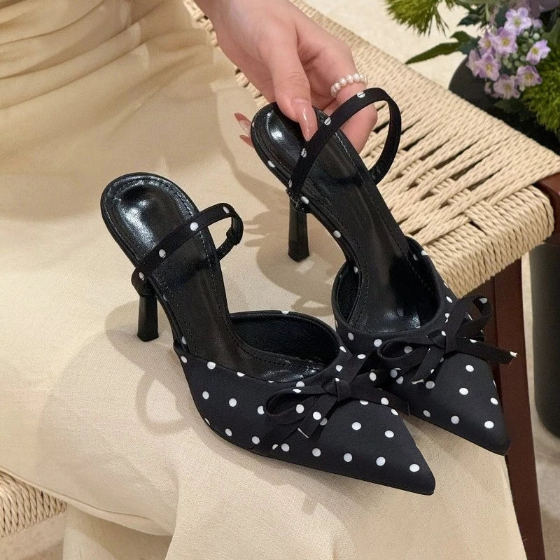 Pointed Toe High Heels Women Dot Sandals Summer Singbacks Mules Shoes Elegant Satin Butterfly-knot Stripper Party Sandalias