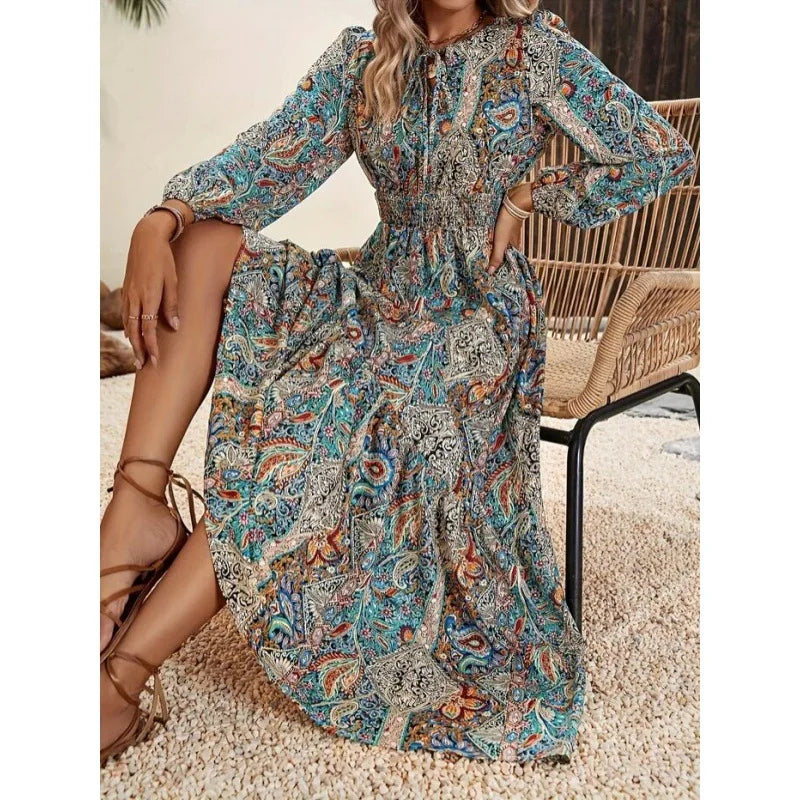 Fashion Ruffles Print Maxi Dress Women Autumn Long Sleeve Lace Up Long Dress Boho Elastic Waist A-line Vestidos