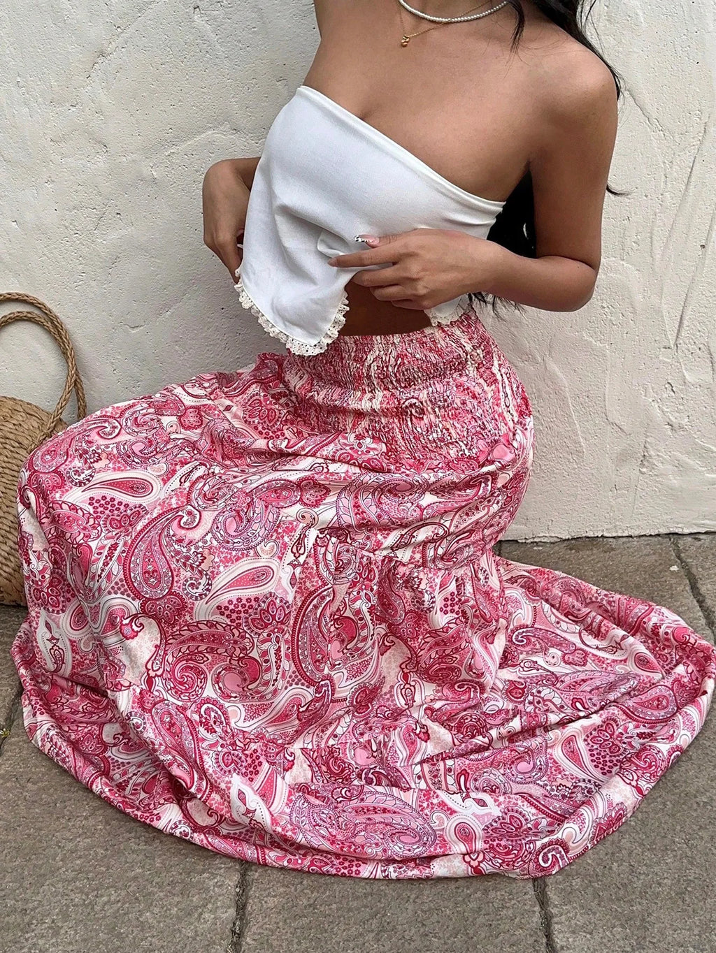 Bohemian Print Elastic Waist A-Line Midi Skirt
