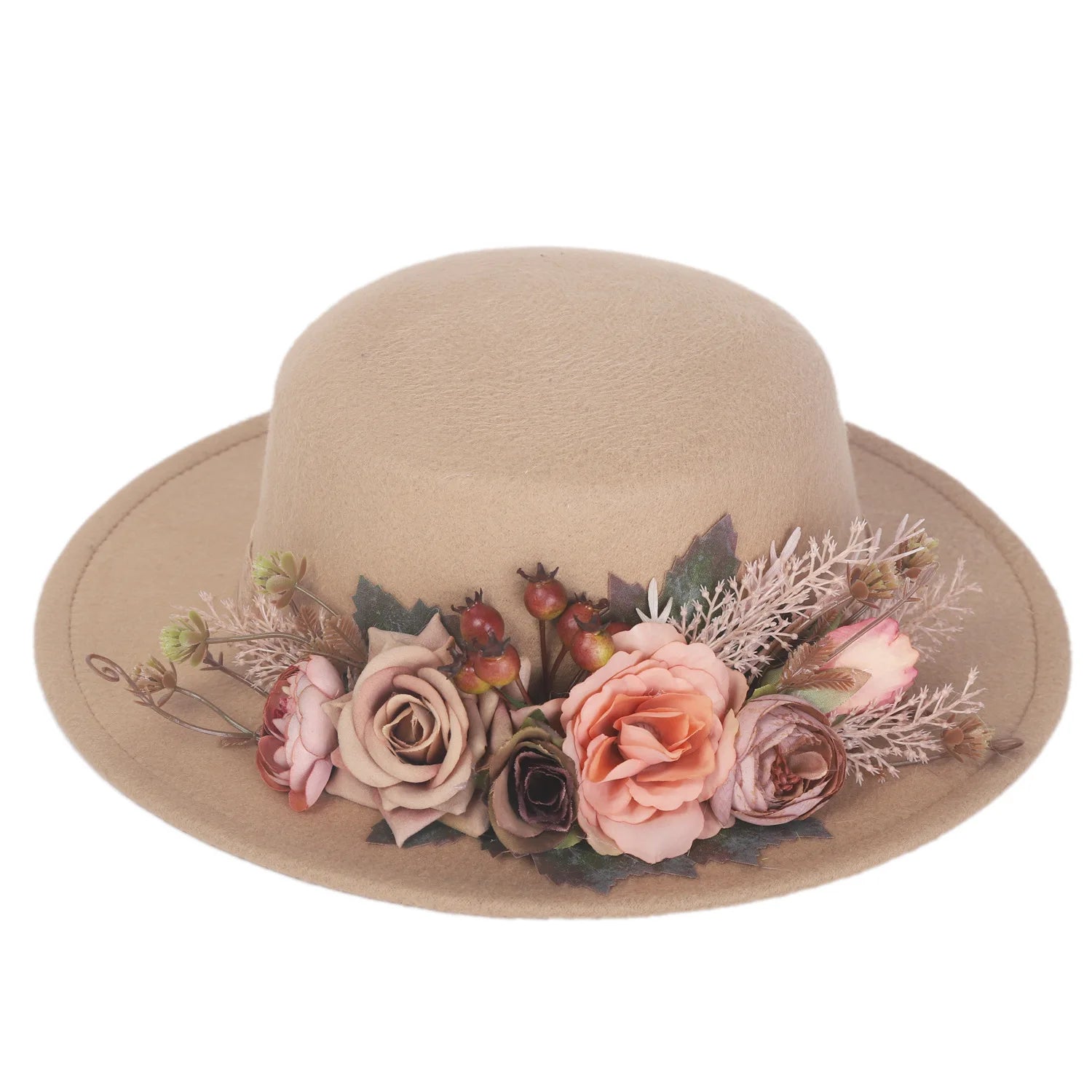 Fedora Hats Women's Flower flat cap Fashion Autumn Winter Warm Flat Top Basin Hats British Vintage Top Hats