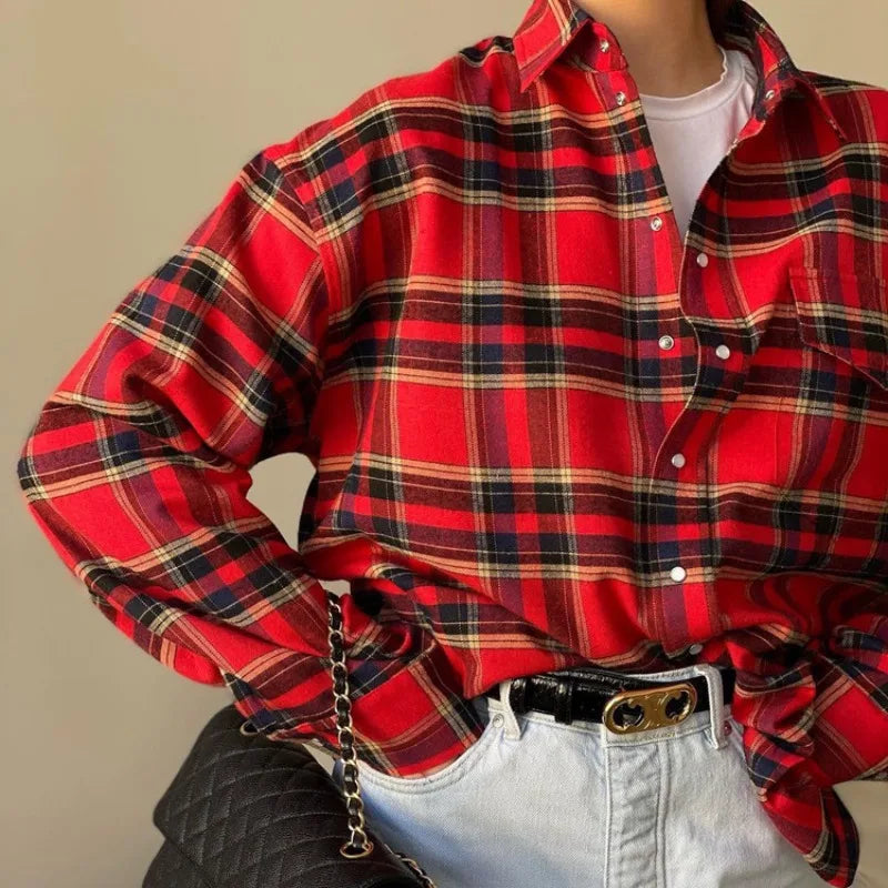 Plaid Shirts for Women Casual Button Down Flannel Shirt Plus Size Roll Up Long Sleeve Checkered Blouse Tops
