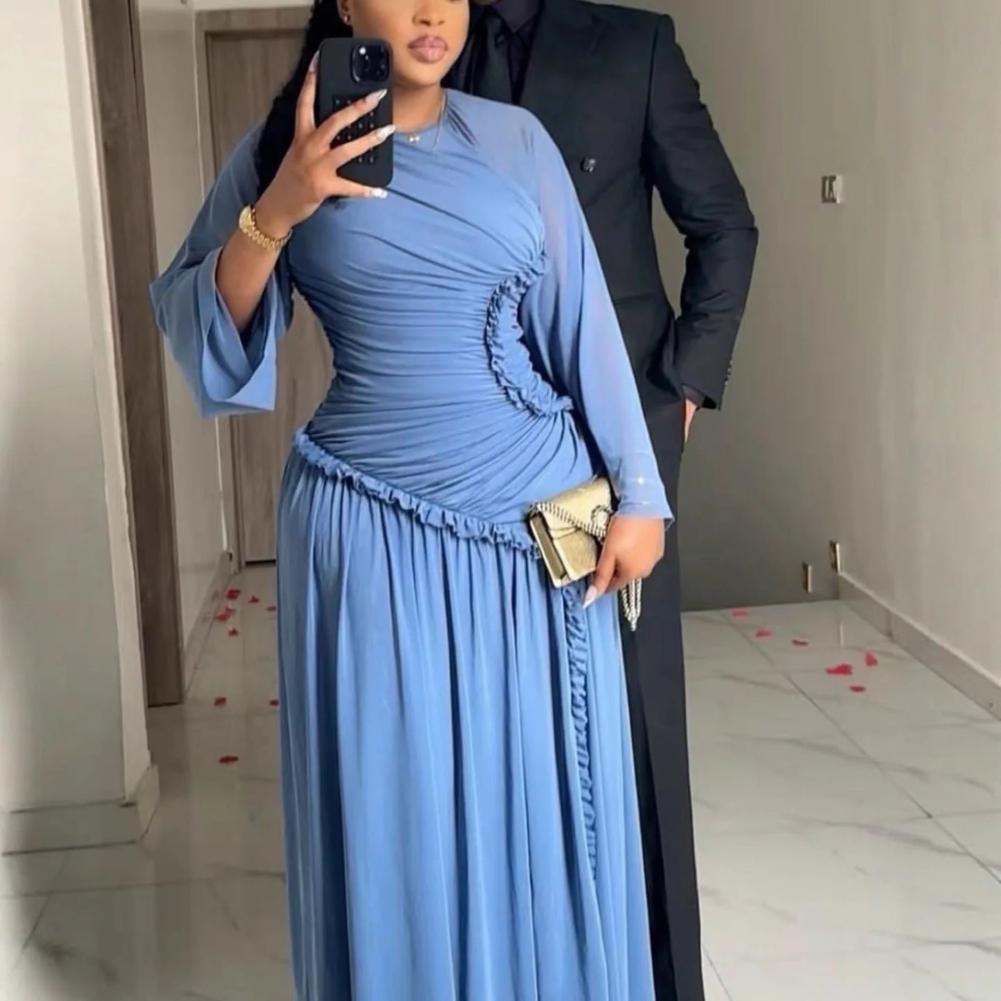 Plus Size Long-sleeved Elegant Dress, European and American Women's Clothing Round Neck Slim-fit Long Dress
