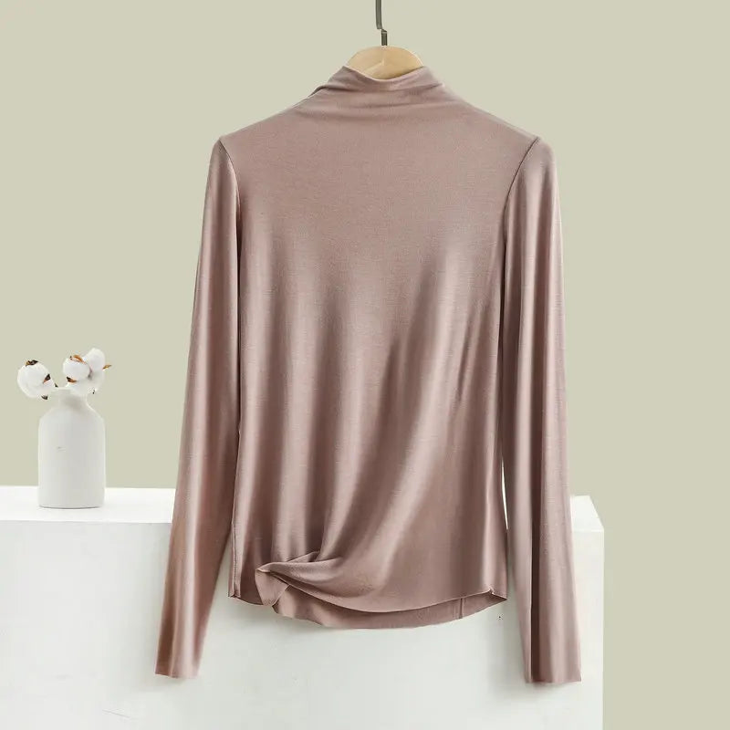 Women Autumn Bottoming Tshirt Long sleeves Mockneck Seamless T-shirt wear inside winter Tee Tops All match