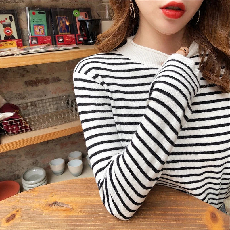 Autumn Winter Women Mock neck Sweaters Pullover Tops Fashion Female Skinny Elastic Long Sleeve Casual Striped Knitted Shirts