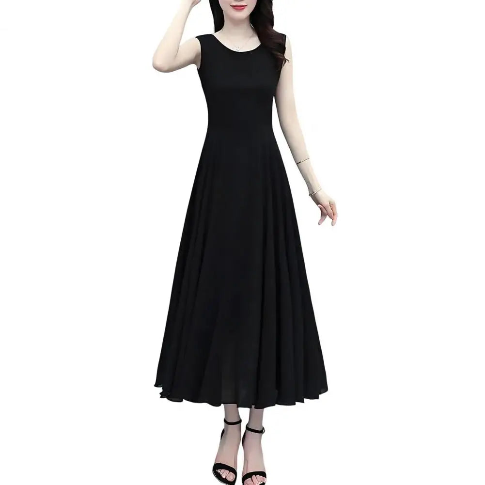 Women Sleeveless Midi Dress Summer Crew Neck Flowy Long Dress Beach Casual Pleated Swing Tank Dress