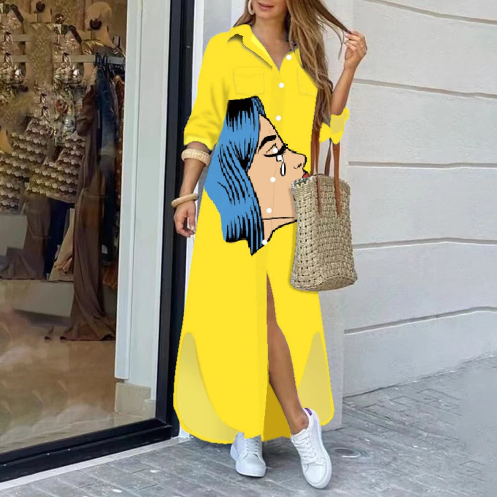 Long Dresses For Women 2024 Spring Summer Casual Loose Print Long Shirt Dress Button Long Sleeve Midi Elegant Vintage Vestidos