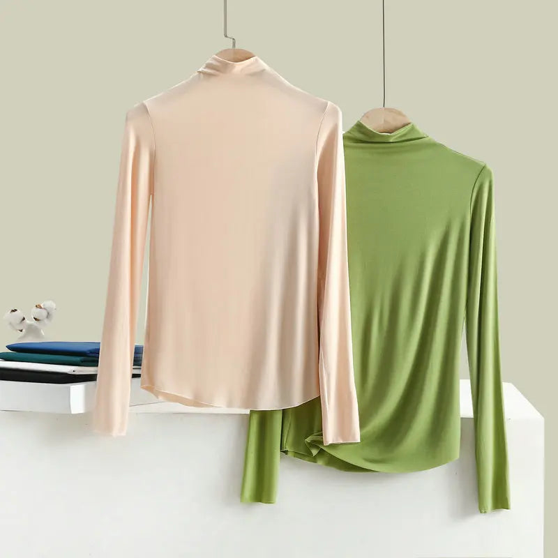 Women Autumn Bottoming Tshirt Long sleeves Mockneck Seamless T-shirt wear inside winter Tee Tops All match