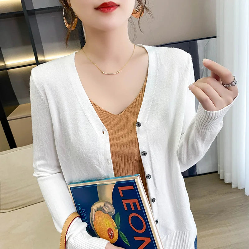 Spring Autumn Women Cardigans Loose Solid Single Breasted V-neck Pink Red Fashion Cardigan Jumpers Knitwear 2025