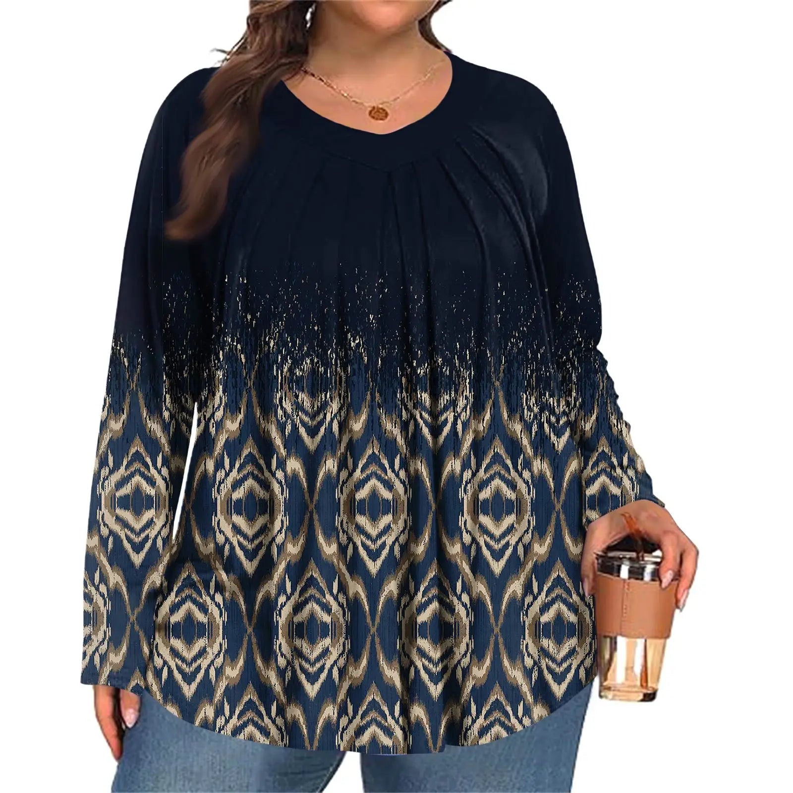 Plus Size Long Sleeve Top for Women Fashion Retro Floral Print Pleated Round Neck T-shirt Female Casual Autumn Base Shirt